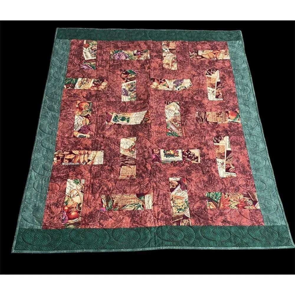 Handmade Harvest Lap Quilt Split Rail Greens & Browns Fall Leaf Berries 43 x 52